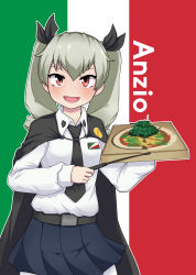 Rule 34 | 10s, 1girl, absurdres, anchovy (girls und panzer), belt, black capelet, black necktie, black ribbon, black skirt, blush, breasts, brown eyes, capelet, collared shirt, drill hair, drill sidelocks, eyebrows, girls und panzer, green hair, hair ribbon, highres, italian flag, jacy, looking at viewer, medium breasts, necktie, open mouth, pantyhose, ribbon, shirt, sidelocks, skirt, smile, solo, twintails, white pantyhose