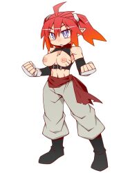 Rule 34 | 1girl, ahoge, black footwear, boots, breasts, breasts out, cannsk, commentary request, fingerless gloves, frown, gloves, grey gloves, grey pants, kurogane arumi, large breasts, linea alba, midriff, mma gloves, navel, nipples, orange hair, original, pants, pointy ears, prototype design, scar, scar on breasts, serious, solo, twintails, v-shaped eyebrows