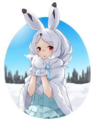 Rule 34 | 1girl, animal ears, arctic hare (kemono friends), blue ribbon, blue shirt, blue skirt, blush, breath, capelet, commentary request, cowboy shot, curly hair, frilled skirt, frills, fur trim, gloves, highres, isobee, kemono friends, neck ribbon, oval background, rabbit ears, rabbit girl, red eyes, ribbon, shirt, short hair, skirt, solo, warming hands, white capelet, white fur, white gloves, white hair