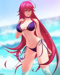 Rule 34 | 1girl, bikini, blue eyes, blurry, blurry background, breasts, choker, distortion, high school dxd, highres, large breasts, long hair, looking at viewer, mcdobo, navel, parted lips, partially submerged, purple bikini, red hair, rias gremory, side-tie bikini bottom, signature, solo, standing, swimsuit, wading, water