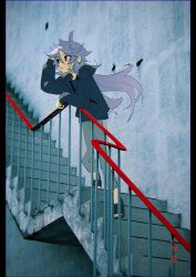 Rule 34 | 1boy, absurdres, from side, genshin impact, hair blowing, highres, long hair, male focus, outdoors, photo background, razor (genshin impact), red eyes, sandals, solo, stairs, u0rei