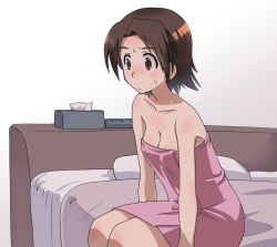 Rule 34 | 1girl, bare shoulders, blanket, blush, breasts, brown eyes, brown hair, cleavage, closed mouth, commentary, frown, girls und panzer, love hotel, medium breasts, naked towel, on bed, osamada meika, parted bangs, pillow, pink towel, sawa azusa, short hair, simple background, sitting, solo, sweat, tissue box, towel, white background