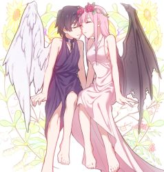 Rule 34 | 10s, 1boy, 1girl, angel wings, barefoot, black collar, black hair, black wings, blue horns, breasts, chain, chain necklace, cleavage, closed eyes, collar, collarbone, commentary request, couple, darling in the franxx, demon wings, dress, flower, forehead-to-forehead, hair flower, hair ornament, heads together, hetero, highres, hiro (darling in the franxx), horns, jewelry, leje39, long hair, medium breasts, necklace, oni horns, pink dress, pink hair, red horns, short hair, single wing, sitting, sleeveless, sleeveless dress, wings, zero two (darling in the franxx)