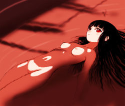 Rule 34 | 00s, 1girl, afloat, black hair, blunt bangs, breasts, completely nude, enma ai, hime cut, jigoku shoujo, long hair, navel, nipples, nude, partially submerged, pussy, red eyes, red theme, ripples, small breasts, solo, uncensored, water, yuuichi (tareme paradise)