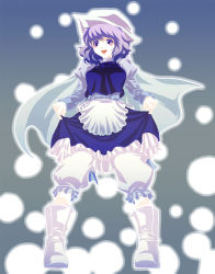 Rule 34 | 1girl, awa (pixiv), awa toka, bad id, bad pixiv id, bloomers, blue hair, female focus, full body, gradient background, hat, letty whiterock, short hair, snow, solo, touhou, underwear, white bloomers