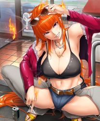 Rule 34 | 1girl, bare shoulders, breasts, cigarette, cleavage, female focus, fire, full body, highres, huge breasts, jewelry, kamimura maika, long hair, looking at viewer, necklace, no bra, orange hair, outdoors, purple eyes, shiny skin, short shorts, shorts, sian, smile, smoke, smoking, solo, spread legs, taimanin (series), taimanin asagi, taimanin asagi kessen arena, teeth, thick thighs, thighhighs, thighs, very long hair