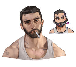 Rule 34 | 1boy, beard, blood, brown hair, candy, cigarette, cropped shoulders, earrings, facial hair, food, grey eyes, jewelry, lollipop, male focus, mouth hold, multiple views, original, rinotuna, shadow, short hair, simple background, tank top, tattoo, white background, white tank top
