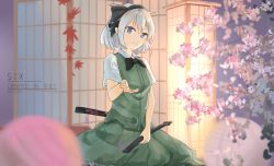 1girl, architecture, bangs, black bow, black hairband, black neckwear, black ribbon, blue eyes, blurry, blurry foreground, bob cut, bow, bowtie, breasts, cherry blossoms, commentary request, dated, east asian architecture, folding screen, frilled skirt, frills, furniture, green vest, hair between eyes, hair ribbon, hairband, highres, holding, holding sheath, holding sword, holding weapon, indoors, kiseeri, konpaku youmu, lantern, leaf, long skirt, looking at viewer, maple leaf, outstretched hand, paper lantern, reaching out, ribbon, scabbard, seiza, sheath, shirt, short hair, short sleeves, shouji, sidelocks, silver hair, sitting, skirt, skirt set, sliding doors, small breasts, smile, sword, tassel, touhou, vest, weapon, weapon on back, white hair, white shirt
