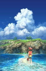 Rule 34 | 1girl, bag, bandana, barefoot, bike shorts, bird, blue sky, brown hair, cloud, creatures (company), day, fanny pack, female focus, fingerless gloves, flower, from behind, full body, game freak, gen 3 pokemon, gloves, grass, holding, kneepits, may (pokemon), nintendo, ocean, outdoors, pippi (pixiv 1922055), poke ball theme, pokemon, pokemon (creature), pokemon rse, red bandana, red flower, red footwear, red shirt, sand, scenery, shirt, shoes, short sleeves, sky, solo focus, standing, tree, unworn shoes, wading, water, white gloves, wynaut
