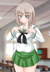 Rule 34 | 1girl, alternate costume, black neckerchief, blouse, blurry, blurry background, classroom, closed mouth, commentary request, cowboy shot, depth of field, girls und panzer, green skirt, hands on own chest, highres, indoors, itsumi erika, light blush, long sleeves, looking down, miniskirt, neckerchief, nspa (spa-jcs), ooarai school uniform, partial commentary, pleated skirt, sailor collar, school uniform, serafuku, shirt, skirt, smile, solo, twitter username, white sailor collar, white shirt