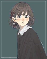 Rule 34 | 1girl, akira 13go, black eyes, black shirt, brown hair, earrings, flower, green background, hair flower, hair ornament, highres, jewelry, lace, lace-trimmed collar, lace trim, looking at viewer, original, parted lips, shirt, short hair, signature, simple background, solo, stud earrings