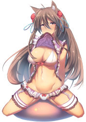 Rule 34 | 1girl, absurdres, ahoge, animal ears, arms behind back, bikini, blush, bow, bow bikini, breasts, brown eyes, brown hair, cat ears, cleavage, clothes in mouth, frilled legwear, frills, garter straps, hair between eyes, hair ornament, highres, lao meng, large breasts, lifted by self, long hair, looking at viewer, microskirt, mouth hold, original, red bow, showgirl skirt, simple background, skirt, solo, spread legs, swimsuit, tan, thigh strap, very long hair, white background, white bikini