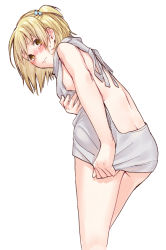 Rule 34 | 1girl, backless dress, backless outfit, bare back, blonde hair, blush, breasts, brown eyes, butt crack, closed mouth, drawstring, dress, from behind, grey sweater, haikyuu!!, halterneck, hand up, looking at viewer, looking back, meme attire, naked sweater, namo, one side up, short hair, sideboob, sidelocks, simple background, solo, sweater, sweater dress, tears, thighs, turtleneck, turtleneck sweater, virgin killer sweater, wavy mouth, white background, yachi hitoka
