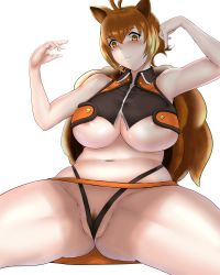 Rule 34 | 1girl, absurdres, animal ears, arc system works, artist request, blazblue, blush, breasts, brown hair, cleavage, crop top, curvy, female pubic hair, highres, huge breasts, looking at viewer, makoto nanaya, microskirt, monster girl, pubic hair, revealing clothes, short hair, sitting, skirt, smile, solo, spread legs, squirrel ears, squirrel tail, tail, thick thighs, thighs, thong, underboob, underwear, upskirt, whale tail (clothing), yellow eyes