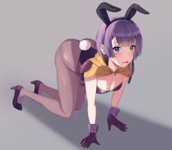 Rule 34 | 1girl, :o, adapted costume, all fours, animal ears, ass, bernadetta von varley, blush, breasts, capelet, cleavage, earrings, fake animal ears, fake tail, fire emblem, fire emblem: three houses, fishnet pantyhose, fishnets, gloves, grey background, grey eyes, high heels, highleg, highleg leotard, highres, jewelry, leotard, lilshironeko, medium breasts, nintendo, pantyhose, playboy bunny, purple gloves, purple hair, purple leotard, rabbit ears, rabbit tail, short hair, simple background, solo, strapless, strapless leotard, tail, wrist cuffs