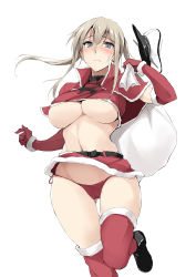 Rule 34 | 1girl, blush, breasts, capelet, closed mouth, elbow gloves, fur trim, gloves, graf zeppelin (kancolle), grey eyes, grey hair, hair between eyes, half-closed eyes, hat, holding, kantai collection, knee up, large breasts, long hair, looking at viewer, microskirt, navel, panties, peaked cap, red gloves, red panties, red skirt, sack, santa costume, sidelocks, simple background, skirt, solo, thighhighs, thighs, twintails, underboob, underwear, white background, zekkyon