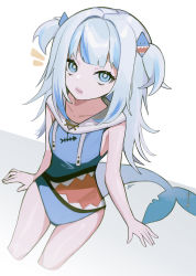Rule 34 | 1girl, absurdres, blue eyes, blue hair, blue one-piece swimsuit, collarbone, fins, fish tail, gawr gura, grey hair, grey pupils, highres, hololive, hololive english, light blue hair, long hair, one-piece swimsuit, open mouth, shark tail, sharp teeth, signature, sitting, solo, stitches, swimsuit, syu45, tail, teeth, twintails, virtual youtuber