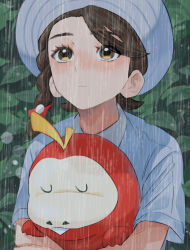 Rule 34 | 1girl, blush, braid, brown eyes, brown hair, bubble, closed eyes, closed mouth, collared shirt, commentary request, creatures (company), eyelashes, fuecoco, game freak, hat, highres, holding, holding pokemon, juliana (pokemon), looking up, nintendo, outdoors, pokemon, pokemon (creature), pokemon sv, rain, shirt, short sleeves, u u, umi meteo, upper body