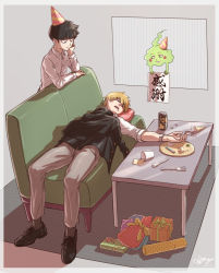 Rule 34 | 3boys, aya shiro423, beer can, black footwear, black hair, can, couch, cup, dated, disposable cup, drink can, ekubo (mob psycho 100), fork, gakuran, gift, grey pants, hat, indoors, kageyama shigeo, light brown hair, looking at another, lying, mob psycho 100, multiple boys, on back, pants, party hat, party popper, plate, reigen arataka, saliva, school uniform, shirt, sleeping, spill, standing, table, watch, white shirt, wristwatch