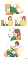 Rule 34 | +++, 1boy, = =, ?, absurdres, aged up, alternate universe, androgynous, artist name, asriel dreemurr, blowing in ear, blush, brown hair, caribun, closed eyes, comic, drooling, fangs, frisk (undertale), furry, grin, hands in pockets, highres, hood, hoodie, horns, monster boy, o o, open mouth, shirt, short hair, silent comic, simple background, sleeping, smile, spoilers, striped clothes, striped shirt, surprised, undertale, white background, zzz