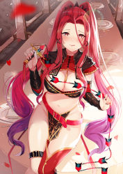 Rule 34 | #compass, 1girl, armor, belt, bikini, bikini top only, black bikini, blurry, breasts, cleavage, cup, drinking glass, gauntlets, gradient hair, hair ornament, highres, holding, holding weapon, hum (ten ten), large breasts, leg belt, long hair, looking at viewer, loose belt, maria =s= leonburg, multicolored hair, nail polish, navel, parted bangs, pelvic curtain, petals, plate, red eyes, red hair, red thighhighs, revealing clothes, shoulder armor, single thighhigh, solo, spoon, swimsuit, table, thighhighs, thighs, tongue, tongue out, twintails, very long hair, weapon, x hair ornament