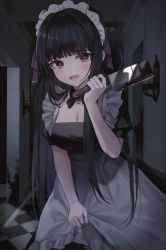 Rule 34 | 1girl, absurdres, black hair, blood, blood splatter, bloody weapon, blush, breasts, butcher knife, candle, candlestand, churi (oxxchurixxo), cleavage, dark background, glowing, glowing eyes, hallway, highres, holding, holding weapon, knife, long hair, looking at viewer, maid, maid headdress, medium breasts, open mouth, original, red eyes, solo, tiles, twintails, weapon, yandere