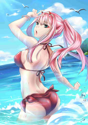 Rule 34 | 10s, 1girl, absurdres, aqua eyes, arm up, ass, bikini, bird, bracelet, breasts, darling in the franxx, day, eyeshadow, from behind, hairband, halterneck, high ponytail, highres, horns, in water, jewelry, long hair, looking back, makeup, medium breasts, ocean, open mouth, pink hair, ponytail, red bikini, sideboob, solo, splashing, straight hair, swimsuit, v, wading, water drop, white hairband, yoru 47, zero two (darling in the franxx)