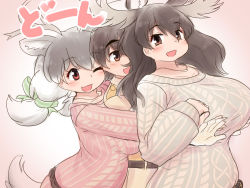 Rule 34 | 1boy, 2girls, :d, behind another, black hair, breasts, brown eyes, brown hair, captain (kemono friends), gloves, grey hair, highres, huge breasts, kemono friends, kemono friends 3, large breasts, long hair, long sleeves, looking at another, mo23, moose (kemono friends), multicolored hair, multiple girls, one eye closed, open mouth, outstretched arms, red eyes, reindeer (kemono friends), shirt, short hair, smile, sweater, twintails, two-tone hair