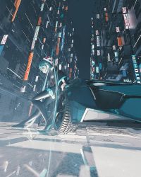 Rule 34 | 1girl, absurdres, black footwear, black thighhighs, blue eyes, blue hair, boots, building, car, city, cyberpunk, detached sleeves, female focus, from side, glowing, hatsune miku, highres, houtei9, motor vehicle, on vehicle, sideways glance, sign, sitting, skirt, solo, thigh boots, thighhighs, twintails, vocaloid