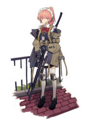 Rule 34 | 1girl, black footwear, black gloves, bow, brick, brick floor, fence, frills, gloves, gun, highres, holding, holding gun, holding weapon, id card, maid, maid headdress, medium hair, microphone, nitrio, original, pink eyes, pink hair, plant, ponytail, pouch, red bow, red neckwear, rifle, sleeves past wrists, solo, standing, sword, thighhighs, weapon, weapon on back, white background, white thighhighs