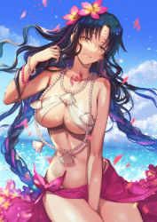 Rule 34 | 1girl, bare shoulders, bikini, black hair, blush, bracelet, braid, breasts, chest tattoo, cleavage, facial mark, fate/grand order, fate (series), flower, forehead mark, fujikawa arika, hair flower, hair ornament, highres, jewelry, large breasts, long hair, looking at viewer, multicolored hair, navel, necklace, parted bangs, pearl bracelet, pearl necklace, pink hair, sarong, sessyoin kiara, sessyoin kiara (swimsuit mooncancer), sessyoin kiara (swimsuit mooncancer) (first ascension), shell, shell necklace, streaked hair, swimsuit, tattoo, thighs, twin braids, very long hair, white bikini, yellow eyes