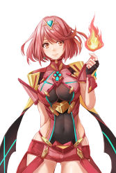 Rule 34 | 1girl, arm behind back, armor, breasts, covered navel, cowboy shot, earrings, fingerless gloves, fire, gloves, highres, jewelry, large breasts, looking at viewer, nintendo, pyra (xenoblade), pyrokinesis, red eyes, red hair, red shorts, redpoke, short hair, short shorts, shorts, shoulder armor, skindentation, smile, solo, swept bangs, tiara, white background, xenoblade chronicles (series), xenoblade chronicles 2