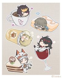 Rule 34 | ..., 5boys, :3, absurdres, ahoge, alcohol, animal hat, black-framed eyewear, black hair, blonde hair, blush, border, brown background, brown hair, cake, cake slice, chibi, closed eyes, closed mouth, coffee, commentary, crossed bangs, cup, drinking glass, drooling, english commentary, eyeshadow, eyewear strap, falsebeta, flower (symbol), food, fox hat, glasses, gradient hair, grey hair, hair ornament, hair over one eye, hairclip, hand up, hat, highres, holding, holding spoon, ike eveland, ike eveland (1st costume), in container, in cup, in food, jacket, jacket on shoulders, lapels, leaf, long sleeves, luca kaneshiro, luca kaneshiro (1st costume), luxiem, lying, makeup, male focus, medium hair, mini person, miniboy, mouth drool, mug, multicolored hair, multiple boys, mysta rias, mysta rias (1st costume), nijisanji, nijisanji en, on back, one eye covered, open mouth, orange shirt, outline, pants, parted bangs, pink hair, pinstripe pattern, puff of air, red eyeshadow, red hair, red shirt, sandwich, shirt, short hair, short sidetail, shu yamino, shu yamino (1st costume), sidelocks, simple background, speech bubble, spoken ellipsis, spoon, streaked hair, striped clothes, striped jacket, swept bangs, vertical-striped clothes, vertical-striped jacket, virtual youtuber, vox akuma, vox akuma (1st costume), white border, white headwear, white jacket, white outline, white pants, wine, wine glass, wings, yawning