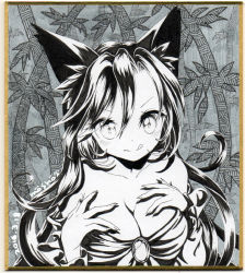 Rule 34 | 1girl, animal ears, bamboo, bamboo forest, breasts, brooch, dated, forest, greyscale, hands on own chest, imaizumi kagerou, jewelry, large breasts, licking lips, long hair, long sleeves, looking at viewer, monochrome, mosho, nature, shikishi, signature, smile, solo, tongue, tongue out, touhou, traditional media, upper body, wolf ears