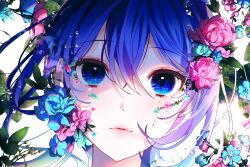 Rule 34 | 1girl, 58 (opal 00 58), blue eyes, blue flower, blue hair, closed mouth, commentary, english commentary, flower, gradient hair, hair between eyes, hair flower, hair ornament, highres, leaf, leaf hair ornament, lips, looking at viewer, mole, mole under eye, multicolored hair, original, pink flower, portrait, purple hair, short hair, simple background, solo, water drop, white background