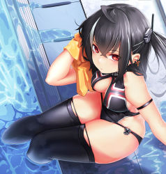 Rule 34 | 1girl, arm strap, arm support, azur lane, bare shoulders, beach, black gloves, black hair, black one-piece swimsuit, black panties, black thighhighs, blush, breasts, cleavage, cross, cross earrings, crossed bangs, day, earrings, elbow gloves, equan tk, eyes visible through hair, from above, front zipper swimsuit, gloves, hair between eyes, hair ornament, head tilt, headgear, highres, iron cross, jewelry, large breasts, long hair, looking at viewer, meme attire, multicolored hair, no bra, one-piece swimsuit, one side up, outdoors, panties, poolside, red eyes, sidelocks, sitting, skindentation, solo, streaked hair, swimsuit, symbol-shaped pupils, thighhighs, thighs, towel, u-47 (azur lane), underwear, unfinished, unzipped, wet, white hair, wiping