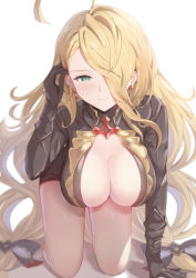 Rule 34 | 1girl, ahoge, all fours, black gloves, blonde hair, breasts, earrings, gloves, granblue fantasy, green eyes, hair over one eye, hanging breasts, highres, jewelry, kimblee, large breasts, long hair, predator (granblue fantasy), solo