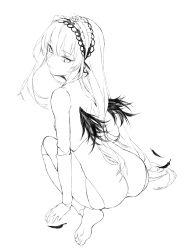 Rule 34 | 1girl, absurdres, ass, barefoot, breasts, doll joints, duoyuanjun, feathered wings, feathers, full body, greyscale, hairband, highres, joints, lolita hairband, long hair, looking back, monochrome, nude, rozen maiden, simple background, sitting, small breasts, solo, suigintou, wariza, white background, wings