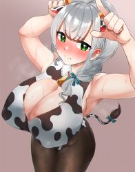 Rule 34 | 1girl, alternate costume, animal ears, animal print, armpits, black pantyhose, blush, braid, braided ponytail, breasts, cleavage, cleavage cutout, clothing cutout, cow ears, cow horns, cow print, cow tail, fake animal ears, fake horns, fake tail, frikulu, green eyes, heart, heart-shaped pupils, highres, hololive, horns, horns pose, long hair, neck bell, pantyhose, purple background, shirogane noel, shirogane noel (casual), silver hair, simple background, solo, steaming body, sweat, symbol-shaped pupils, tail, virtual youtuber