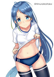 Rule 34 | 1girl, absurdres, alternate costume, black thighhighs, blue buruma, blue eyes, blue hair, breasts, buruma, clothes lift, forehead, gradient hair, gym shirt, gym uniform, highres, himura moritaka, kantai collection, lifting own clothes, long hair, looking at viewer, multicolored hair, navel, samidare (kancolle), shirt, shirt lift, short sleeves, simple background, small breasts, solo, swept bangs, thighhighs, twintails, very long hair, white background