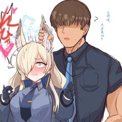 Rule 34 | 1boy, 1girl, animal ears, black gloves, blonde hair, blue archive, blush, breasts, brown hair, clenched teeth, drooling, faceless, faceless male, gloves, grabbing another&#039;s ear, hair over one eye, halo, hand on another&#039;s ear, heart, highres, kanna (blue archive), large breasts, long hair, medium breasts, necktie, sensei (blue archive), sharp teeth, shiming liangjing, simple background, sweatdrop, tears, teeth, tie clip, white background