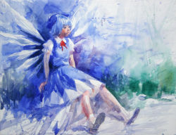 Rule 34 | 1girl, blue dress, blue hair, blue theme, bow, cirno, dress, hair bow, ice, ice wings, misawa hiroshi, painting (medium), realistic, sitting, solo, touhou, traditional media, watercolor (medium), wings