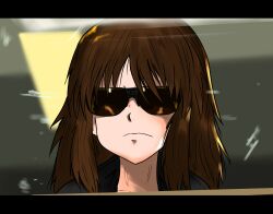 Rule 34 | 1girl, absurdres, black hair, black jacket, close-up, closed mouth, commentary, cosplay, frown, girls und panzer, highres, indoors, jacket, letterboxed, long hair, medium hair, moesenyukikaze, murakami (girls und panzer), solo, sunglasses, t-800, t-800 (cosplay), terminator (series)