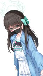 Rule 34 | 1girl, absurdres, airi (band) (blue archive), airi (blue archive), black hair, black mask, blue archive, blue jacket, blush, collarbone, green eyes, green halo, halo, highres, jacket, jin tian xiang dian sha, long hair, long sleeves, looking at viewer, mask, mouth mask, official alternate costume, open clothes, open jacket, pleated skirt, shaded face, shirt, simple background, skirt, solo, white background, white shirt, white skirt