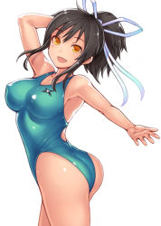 Rule 34 | 10s, ass, asuka (senran kagura), breasts, brown hair, competition swimsuit, katagiri (a1466502), long hair, looking at viewer, medium breasts, one-piece swimsuit, orange eyes, ponytail, senran kagura, simple background, smile, solo, swimsuit, thighs, white background