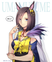Rule 34 | 1girl, air groove (umamusume), animal ears, arm across chest, blue eyes, bob cut, bow, breasts, brown hair, cape, chain, detached sleeves, ear ribbon, fur trim, gold chain, hair between eyes, hand up, horse ears, horse girl, large breasts, looking at viewer, ribbon, short hair, smile, solo, speech bubble, takafuji yuna, twitter username, umamusume, upper body, white background, yellow bow, yellow ribbon