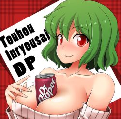Rule 34 | 1girl, bad id, bad pixiv id, bare shoulders, between breasts, blush, breasts, can, cleavage, detached sleeves, dr pepper, female focus, green hair, hand on own chest, kazami yuuka, large breasts, plaid, plaid background, product placement, red eyes, short hair, smile, solo, touhou, unadare, upper body