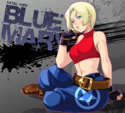 Rule 34 | 1girl, bad id, bad pixiv id, baggy pants, bare shoulders, belt, blonde hair, blue eyes, blue mary, boots, breasts, character name, crop top, fatal fury, fingerless gloves, gloves, halterneck, halterneck, lips, maou alba, midriff, navel, nose, pants, snk, solo, the king of fighters, zoom layer