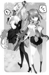 Rule 34 | 2girls, bad id, bad pixiv id, cosmos (the crying moon), greyscale, hat, highres, long hair, mini hat, mini top hat, monochrome, multiple girls, original, pantyhose, sayuri (pixiv355386), top hat, twintails