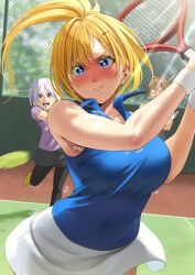 Rule 34 | 1boy, 2girls, ball, black leggings, black skirt, blonde hair, blue eyes, blue shirt, blush, breasts, brown hair, chain-link fence, chris (konosuba), closed eyes, closed mouth, collared shirt, commentary request, contemporary, darkness (konosuba), day, diffraction spikes, fence, floating clothes, floating hair, grey hair, hair between eyes, hair ornament, hairpin, highres, holding, holding racket, izawa (bhive003), kono subarashii sekai ni shukufuku wo!, large breasts, leggings, light rays, long hair, miniskirt, motion blur, multiple girls, open mouth, outdoors, paid reward available, parted lips, playing sports, ponytail, pout, purple eyes, purple shirt, racket, satou kazuma, shirt, skirt, sleeveless, sleeveless shirt, solo focus, sportswear, standing, standing on one leg, sunbeam, sunlight, sweat, sweatband, tennis, tennis ball, tennis court, tennis racket, trembling, white skirt, wristband